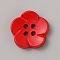 Spray Painted Plastic Buttons, 4-Hole, Flower, Red, 15mm