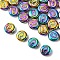 Electroplate Glass Beads, Flat Round with Letter, Colorful, Letter Q, 9.5~10x4~5mm, Hole: 1mm, about 30pcs/set
