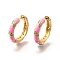 Brass Micro Pave Clear Cubic Zirconia Huggie Hoop Earrings, with Enamel, Ring, Real 18K Gold Plated, Pink, 20x4mm, Pin: 1mm