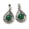 Synthetic Malachite Pendants, Rack Plating Brass Hollow Teardrop Charms, Cadmium Free & Lead Free, Platinum, 29.5x19.5x7.5mm, Hole: 7.5x5mm