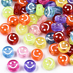 Transparent Acrylic Beads, Flat Round with White Smiling Face, Mixed Color, 10x5mm, Hole: 2mm, about 1500pcs/500g