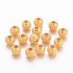 Brass Textured Beads, Nickel Free, Round, Golden Color, Size: about 4mm in diameter, hole: 1mm