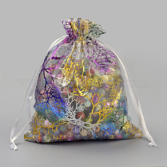 Pochette organza pour cadeaux, sacs à cordonnet, pochettes en organza pour pot-pourri, avec motif corail coloré, rectangle, blanc, 9x7 cm
