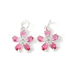 Colgante micropavé cubic zirconia de latón, charms de la flor, chapado en rack, chapado duradero, sin plomo y cadmio, con anillo de salto, rojo violeta pálido, 14.5x12.5x4.5mm, agujero: 4.5 mm