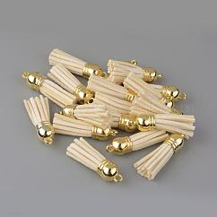 Décorations de pendentif pompon en daim, avec embouts de cordon en plastique ccb, beige, 35~37x10mm, Trou: 2.5~3mm