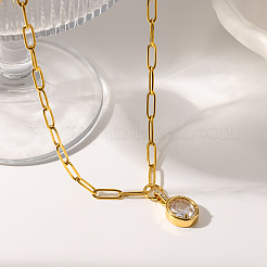 Colliers pour femmes en acier inoxydable 304 avec pendentif ovale en zircon cubique transparent pavé de pierres&nbsp;WG80EE0-01