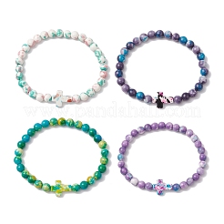 4 bracelet extensible en perles de jade blanc synthétique océanique pour femmes et hommes&nbsp;BJEW-JB11300