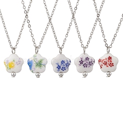 Collane con catena in ottone e ciondolo a forma di fiore in porcellana stampata fatta a mano per donna&nbsp;NJEW-JN05746