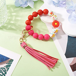 Porte-clés avec perles rondes en silicone et pompon en similicuir&nbsp;HJEW-TAC0135
