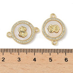 Breloques rondes plates en laiton avec micro pavé de zircons cubiques transparents et coquillage naturel avec connecteurs en forme de signe dollar&nbsp;KK-Z115-07G