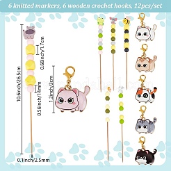 6 Stück Bambus-Stricknadel zum Auffädeln und 6 Stück Maschenmarkierer-Sets aus Emaille mit Katzenmotiv.&nbsp;DIY-DR00013