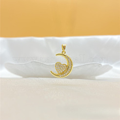 Colliers avec pendentif lune et cœur en laiton micro pavé de zircones cubiques transparentes&nbsp;FS-WG7C282-01