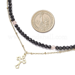 Collar con colgante de doble capa de cuentas redondas facetadas de vidrio de cuarzo cereza y cadena satelital de acero inoxidable 304.&nbsp;NJEW-JN05510-01