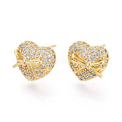 Orecchini a bottone con micro pavè di ottone a forma di cuore e zirconi trasparenti&nbsp;EJEW-T047-48G