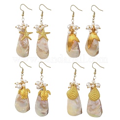 Pendientes colgantes de perlas de concha marina y concha de agua dulce natural galvanizada para mujer&nbsp;EJEW-JE07400