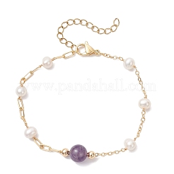 Bracelets à maillons en pierres précieuses naturelles rondes et perles de coquillage&nbsp;BJEW-JB12812