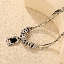 Collares con colgante rectangular de acero inoxidable 304 con ágata negra natural (teñida y tratada térmicamente) para mujer.&nbsp;WG07BA4-01
