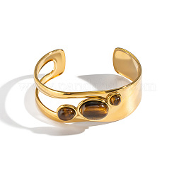 Bracelets manchettes ovales creux en acier inoxydable 304 avec œil de tigre naturel pour femmes&nbsp;RV6494-1