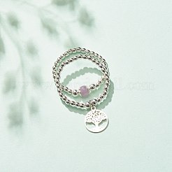 2 pièce 2 styles de bagues en perles d'améthyste lavande naturelle et d'hématite synthétique avec breloques en laiton en forme d'arbre de vie&nbsp;RJEW-JR00474-04