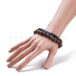 2 pièces 2 bracelets extensibles en perles de bois naturel et hématite synthétique sertis de pierres précieuses&nbsp;BJEW-JB08153