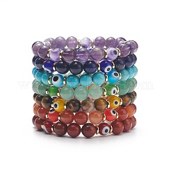 7 pièces 7 bracelets extensibles en pierre mélangée naturelle et synthétique de style sertis de perles de mauvais œil au chalumeau&nbsp;BJEW-JB08771