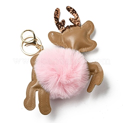 Schlüsselanhänger aus Rex-Kaninchenfell-Imitat und PU-Leder mit Weihnachts-Rentier-Anhänger&nbsp;LS-KEYC-K018-02KCG-02
