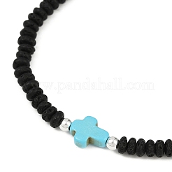 Bracelets extensibles en rondelles de pierre de lave naturelle et perles croisées en turquoise synthétique pour femmes&nbsp;BJEW-JB12053-03