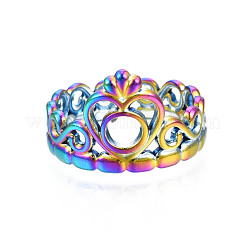 Placcatura ionica (ip) anello polsino aperto in acciaio inossidabile 304 color arcobaleno con corona a forma di cuore per donna&nbsp;RJEW-S405-259M