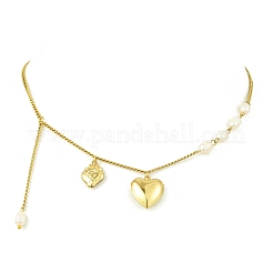 Collares de cadena tipo curb con colgante de corazón de acero inoxidable 304 y perla natural tipo arroz para mujer.&nbsp;NJEW-JN06256
