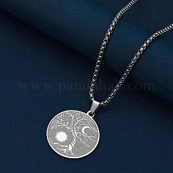 Collane con catena a scatola con ciondolo rotondo piatto in acciaio inossidabile con luna e sole vichingo e albero della vita&nbsp;PW-WG93B99-01