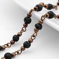Chaînes de perles de pierre de lave rondes faites à la main pour la fabrication de bracelets de colliers, avec épingle à oeil en fer, perles d'espacement non soudées et en laiton, bronze antique, noir, 39.37 pouce (1 m)