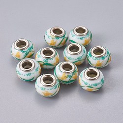 Handmade Porcelain European Beads, Large Hole Beads, Silver Color Brass Core, Rondelle, Colorful, about 15mm in diameter, 10mm thick, hole: 5mm