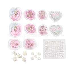 Scrapbooking bricolage ensembles d'outils, y compris des autocollants de sceau de cire en résine, autocollants de perles en plastique et perles en plastique pour anneaux de fleurs, rose, 34~44x26~36x1.5~2mm