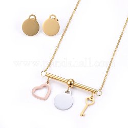 304 Stainless Steel Jewelry Sets, Pendant Necklaces and Stud Earrings, Heart & Flat Round & Key, Mixed Color, 19.6 inch(50cm), 19x15.5x1.2mm, Pin: 0.8mm