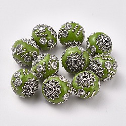 Perline tondo indonesia fatto a mano, con strass di cristallo e anime in lega, argento antico, verde giallo, 16~17x15~16mm, Foro: 1~2 mm