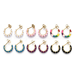 Enamel C-shape Stud Earrings, Gold Plated 304 Stainless Steel Half Hoop Earrings for Women, with Ear Nuts, Mixed Color, 18x16x3.5mm, Pin: 0.8mm