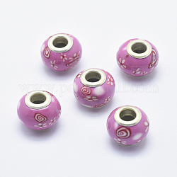 Perline europeo di polimero argilla fatto a mano, con anime in ottone placcato color argento, perline con foro grande, rondelle con motivo floreale, rosa caldo, 13~16x8~11mm, Foro: 4.5~5 mm