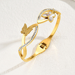 Coquille naturelle papillon avec bracelets manchette en zircone cubique, bracelet à charnière en acier inoxydable, véritable 18k plaqué or, diamètre intérieur: 2-3/8~2-3/4 pouce (6~7 cm)
