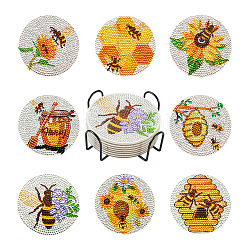 Kits de tapis de tasse acrylique de peinture de diamant de thème d'abeilles de bricolage, avec porte-couteau, strass de résine, stylo collant diamant, plaque de plateau et pâte à modeler, couleur mixte, 101x2mm