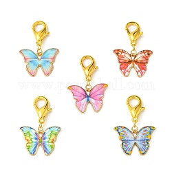 Decorazioni pendenti a farfalla in lega color oro chiaro smaltate, con chiusure moschettone, colore misto, 32mm