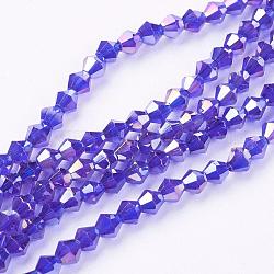 Chapelets de perles en verre, de couleur plaquée ab , facette, Toupie, bleu, 4x4mm, Trou: 1mm, Environ 92~96 pcs/chapelet, 13.78~14.37 pouce