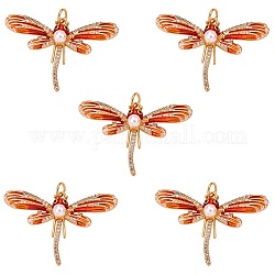 5Pcs Eco-Friendly Brass Micro Pave Cubic Zirconia Pendants, Long-Lasting Plated, Lead Free & Cadmium Free & Nickel Free, Real 18K Gold Plated, Dragonfly, Orange Red, 23x35x6mm, Jump Ring: 5x0.5mm, 3mm Inner Diameter