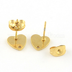 304 Stainless Steel Heart Stud Earring Findings, with Loop and Flat Plate, Golden, 8x8mm, Hole: 1mm, pin: 0.8mm