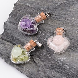Cuore pendenti della pietra preziosa bottiglia di vetro, con 304 scoperte in acciaio inox, 31x22x16mm, Foro: 7x4 mm