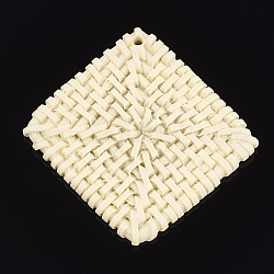 レジンビッグサイズペンダントトップ  模造ラタン編み風  菱形  トウモロコシの穂の黄色  66x65.5x5mm  穴：2mm
