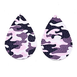 Imitation Leather Big Pendants, Teardrop with Camouflage Pattern, Purple, 56.5x37x2mm, Hole: 2mm
