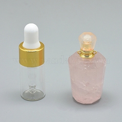 Pendentifs de bouteille de parfum à quartz rose naturel facetté, avec des accessoires en laiton et des bouteilles d'huile essentielle en verre, 40~48x21~25mm, Trou: 1.2mm, capacité de la bouteille en verre : 3 ml (0.101 fl. oz), capacité de pierres précieuses: 1 ml (0.03 fl. oz)