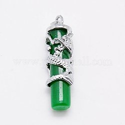 Natural Malaysia Jade Pendants, with Brass Findings, Dyed, Column, Platinum Metal Color, Sea Green, 38x11mm, Hole: 3x4mm