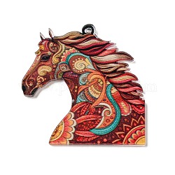 Décorations de pendentifs en acrylique imprimés d'animaux de dessin animé, cheval, 38x37.5x2mm, Trou: 1.5mm