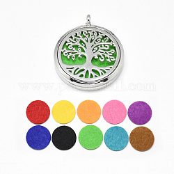Alloy Diffuser Locket Pendants, with 304 Stainless Steel Findings and Random Single Color Non-Woven Fabric Cabochons Inside, Magnetic, Flat Round with Tree of Life, Random Single Color, 39.5x34x6.5mm, Hole: 3.5mm